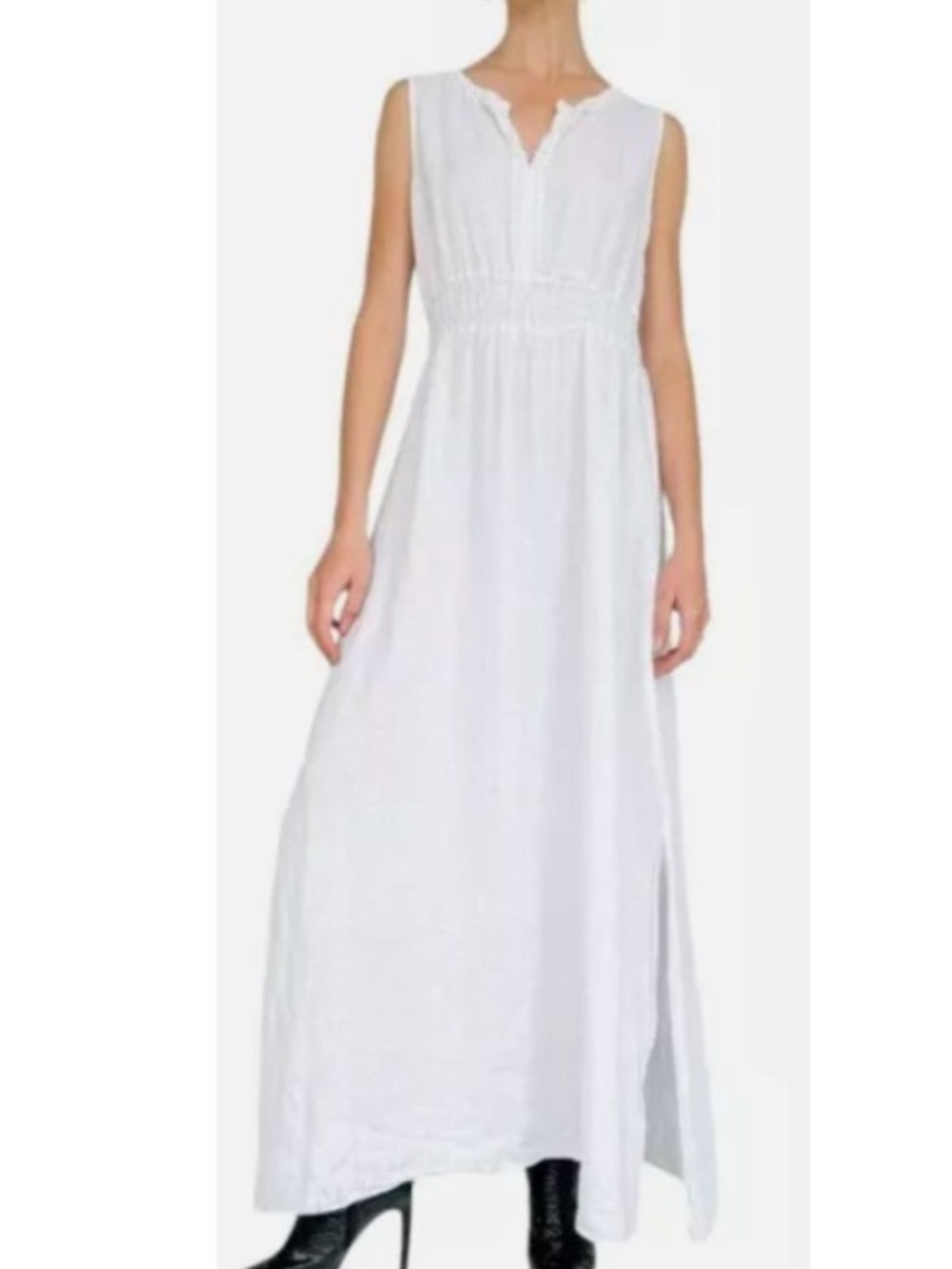 100% Linen Sleeveless White Maxi Dress with Smocked Waist. New